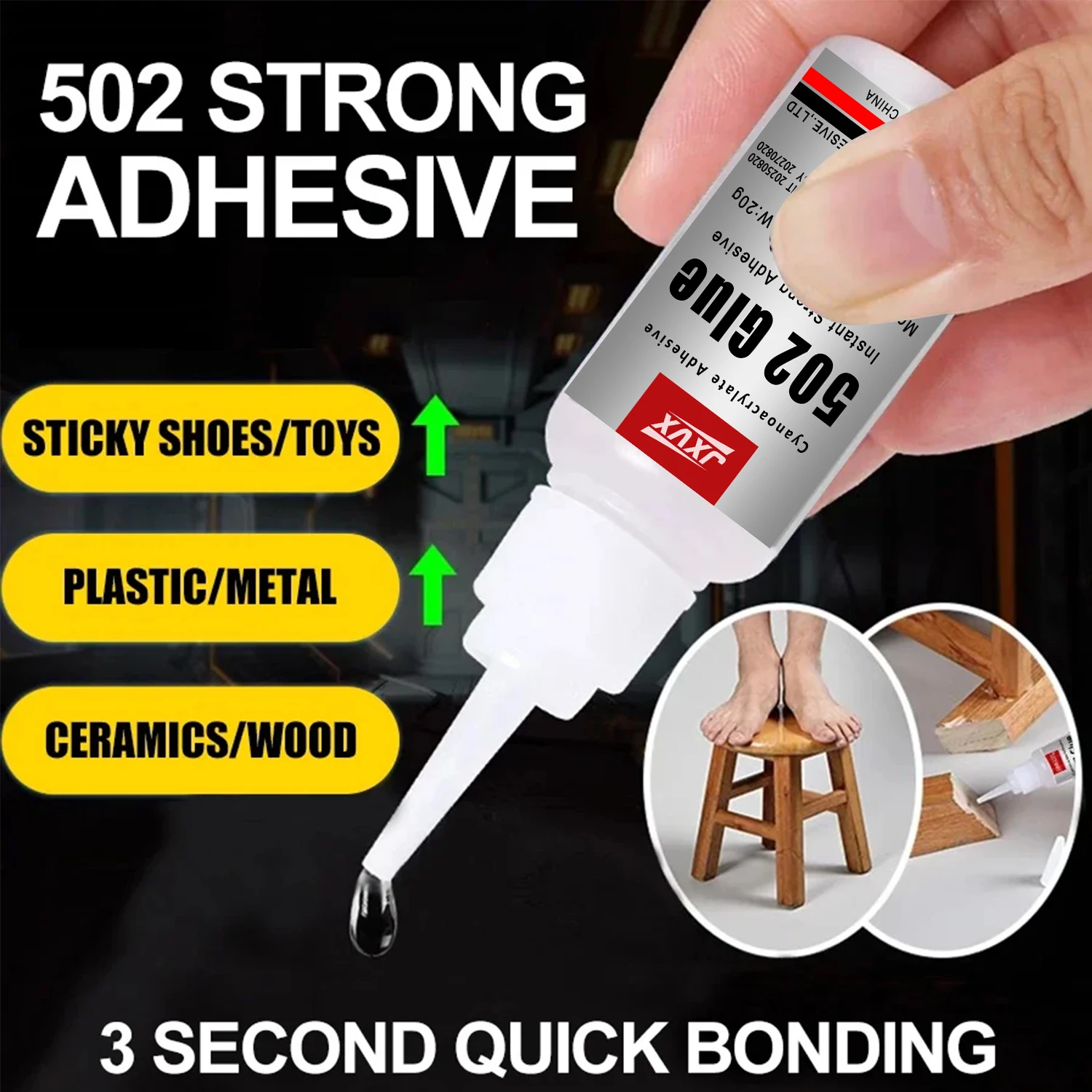 JXVX High-Performance 502 Super Glue Strong, durable bonding for glass, wood, metal, plastic, and ceramics. Ideal for home DIY and repairs. Free worldwide shipping. 20ml, 1-3 pieces.