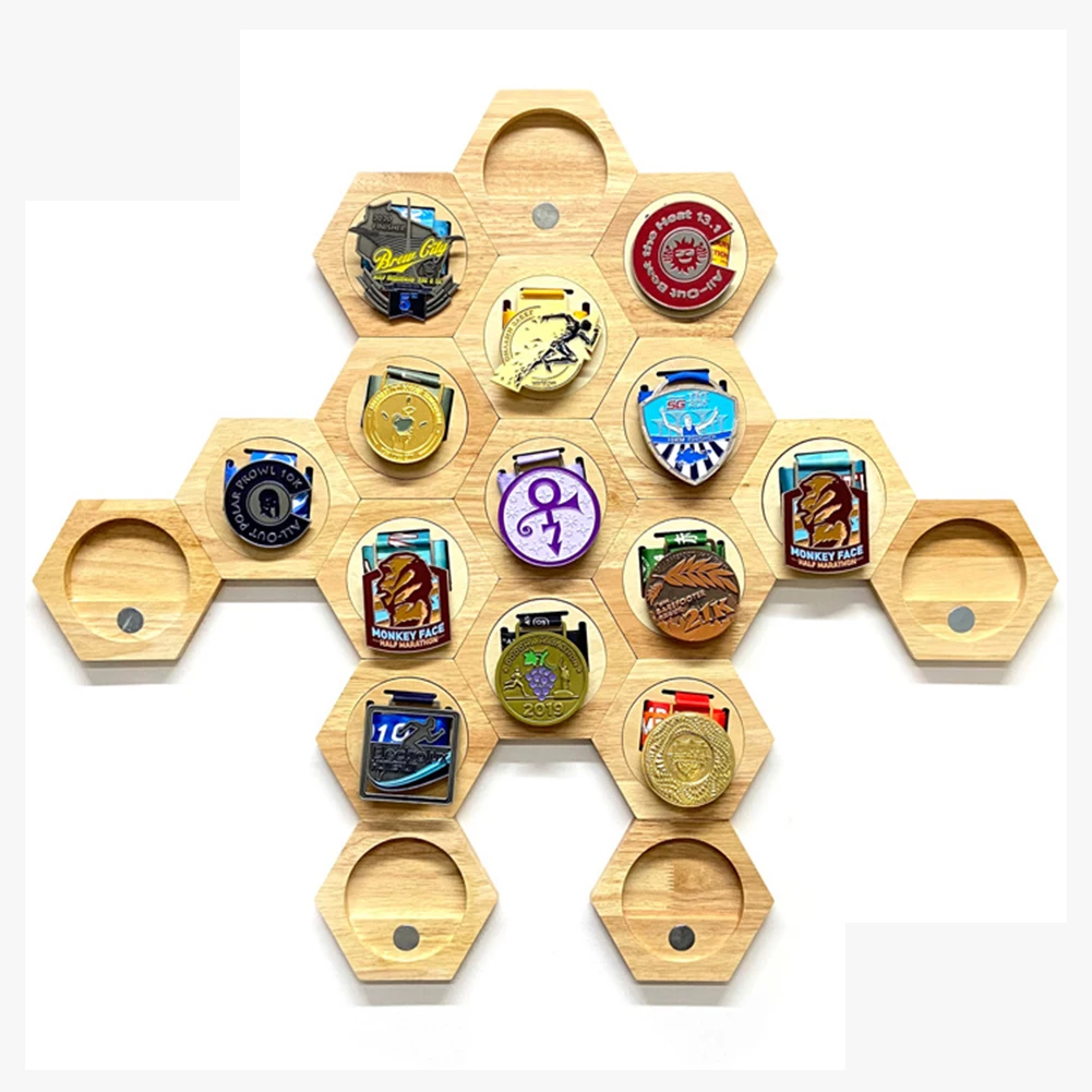1-10Pcs Wooden Medal Display Hanger Racks Hexagon Honeycomb Medals Storage Shelf Home Wall Decoration Honor Medal Display Holder view 5
