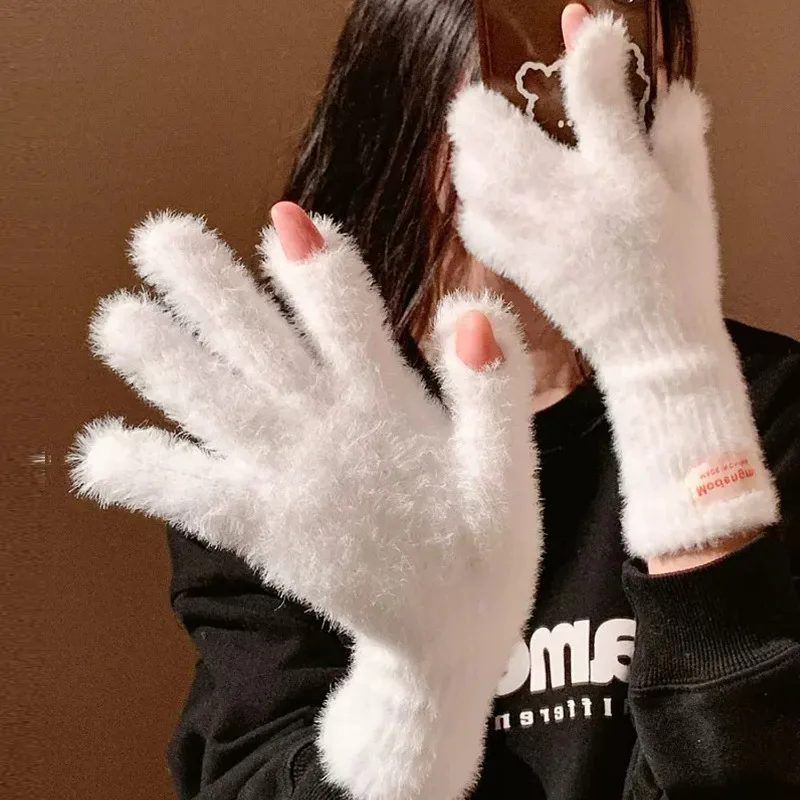 

Harajuku длинные плюшевые перчатки из искусственной норки женские однотонные утолщенные вязаные антихолодные кашемировые длинные плюшевые перчатки без пальцев