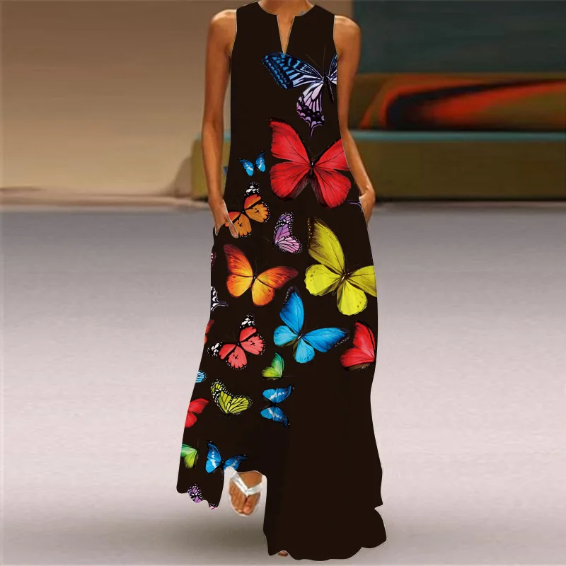 

Women's 2026 New Spring/Summer Fashion Print Sexy Hand Pocket Sleeveless Long Dress Vestidos De Mujer