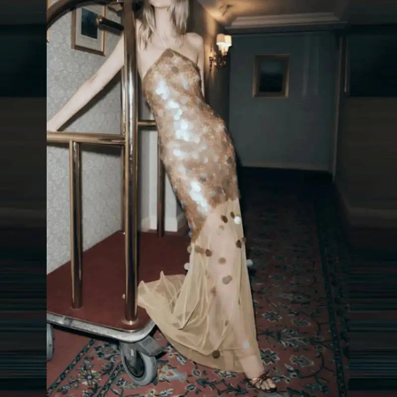 

Модное сетчатое тонкое длинное женское элегантное блестящее платье с блестками «рыбий хвост» сексуальное однотонное облегающее платье без рукавов с открытой спиной