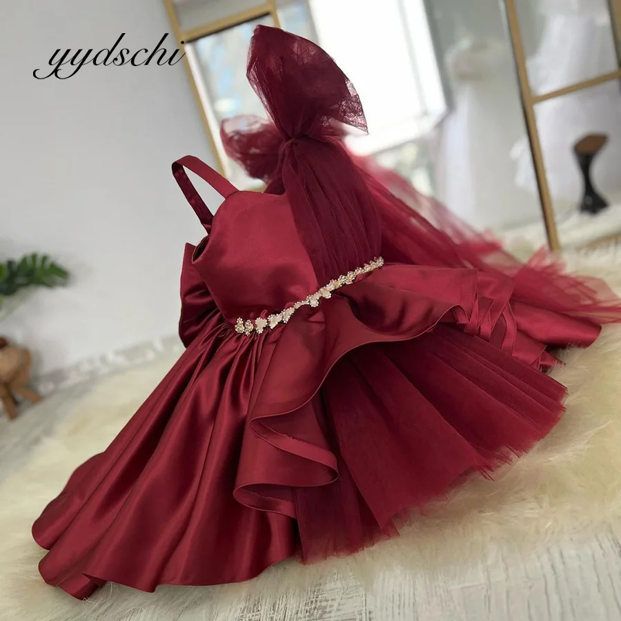 

Burgundy Tulle Bow Flower Girl Dress Exquisite Party Kids Birthday Knee Length Ball Gown Princess Satin Short Dresses with Belt