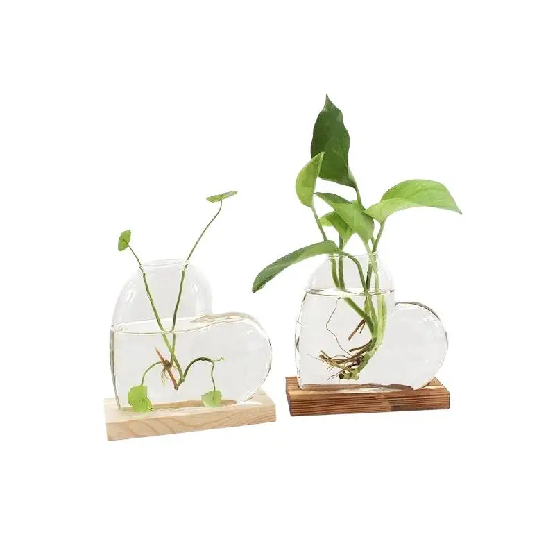 Transparent Hydroponic Glass Vase Wooden Stand Decorative Love Shaped Vase Minimalist Plant Propagation Station Living Room