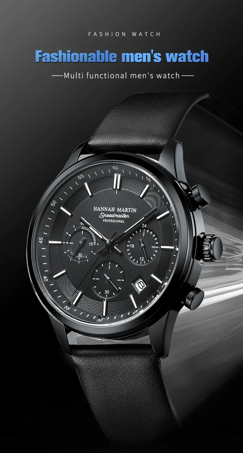 Hannah Martin Marke Herrenuhr Multifunktionales Timing-Zifferblatt Casual Sport Leder Original Quarzwerk Business-Armbanduhr für Herren – Detail 7