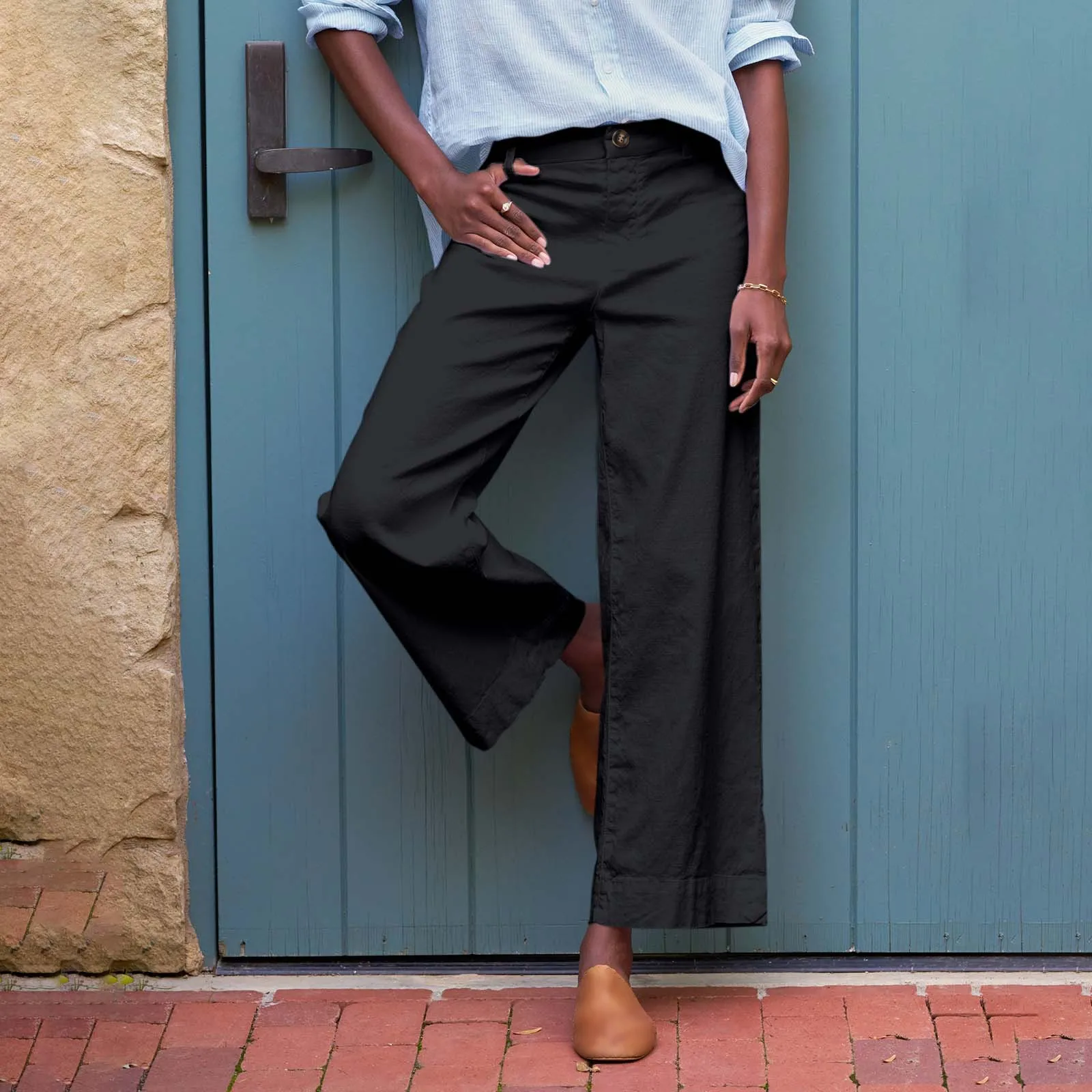 Офисные прямые длинные брюки, женские хлопковые льняные рабочие брюки с высокой талией и широкими штанинами, осенние модные просторные деловые повседневные брюки