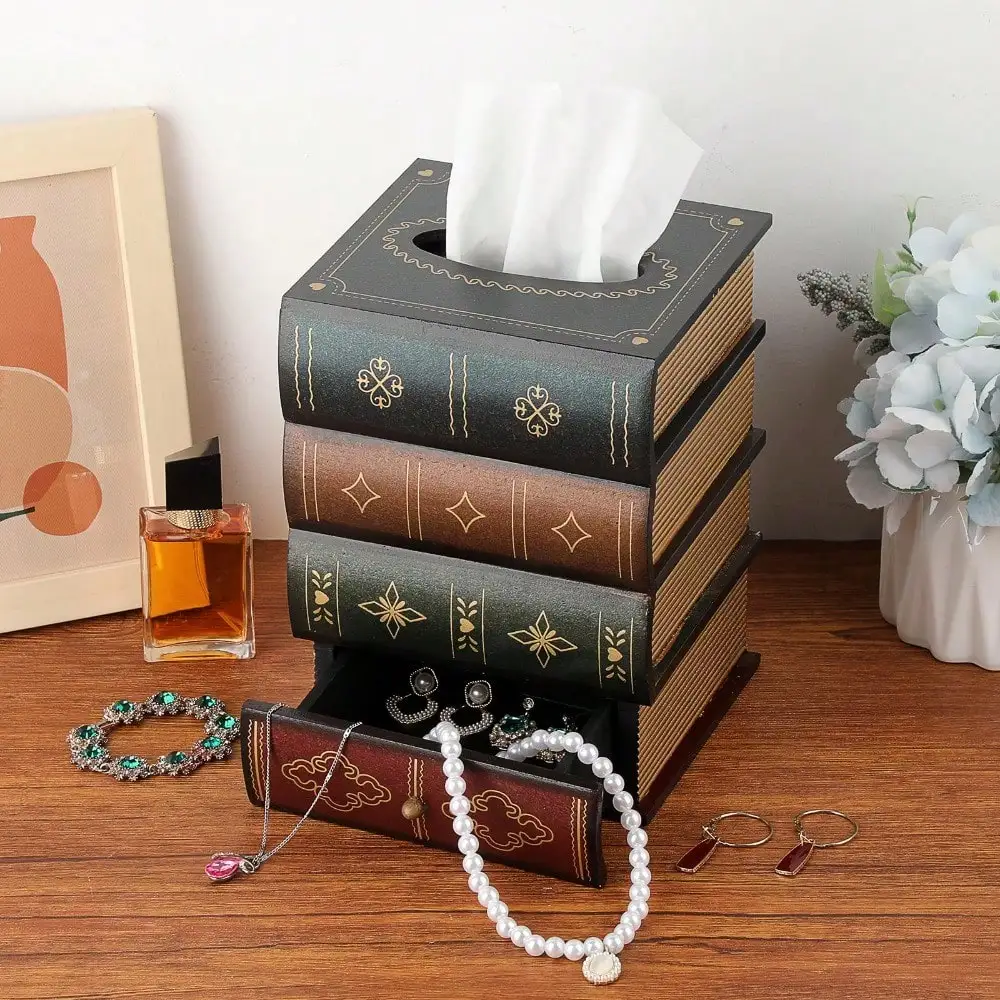 

Antique Wooden Book Tissue Holder With Storage Drawer, Square Tissue Box Cover Decorative Tissue Dispenser Case Retro Vintage Library Decor For Table Desk Bathroom Living Room Office