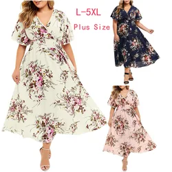 2024 yaz artı boyutu 3XL 4XL 5XL kadın elbise Boho çiçek şifon elbise Bohemian plaj elbiseleri Robe kentsel çingene Ropa Vestidos