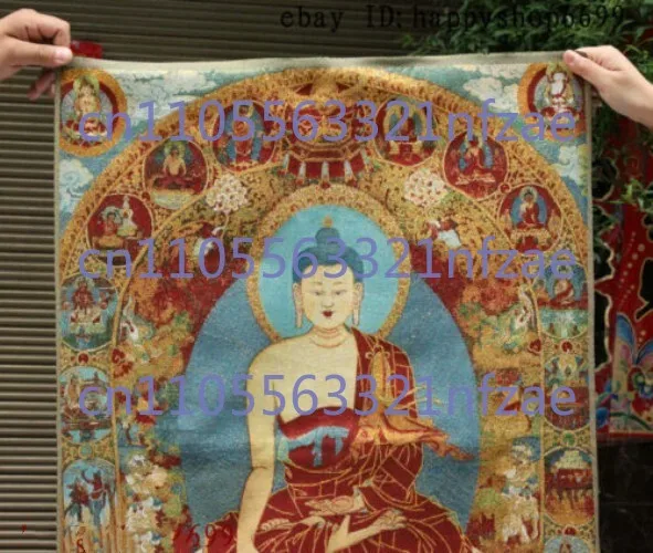 36-calowy tybetański buddyjski jedwabny obraz na płótnie, czerwony Thangka z Buddą Siakjamunami, haftowany mural