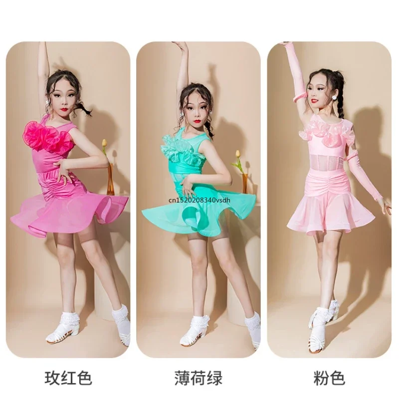 New Latin dance costumes for spring and summer, children's training costumes, mesh dance costumes, high-end performance costumes