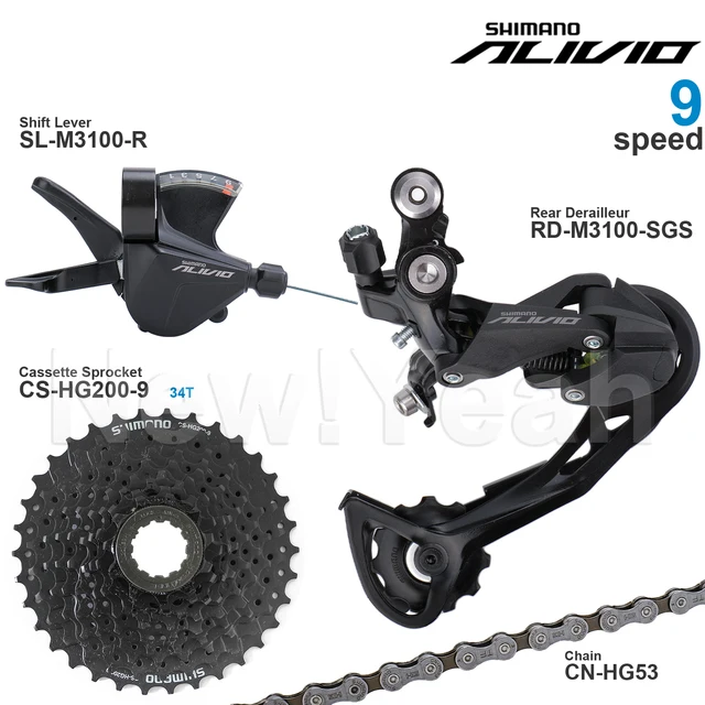 Zestaw SHIMANO ALIVIO M3100 9-rzędowy, zawiera SL-M3100, RD-M3100, kasety CS-HG200-9 (zębatki 32/34/36T) i łańcuch CN-HG53, oryginalny.