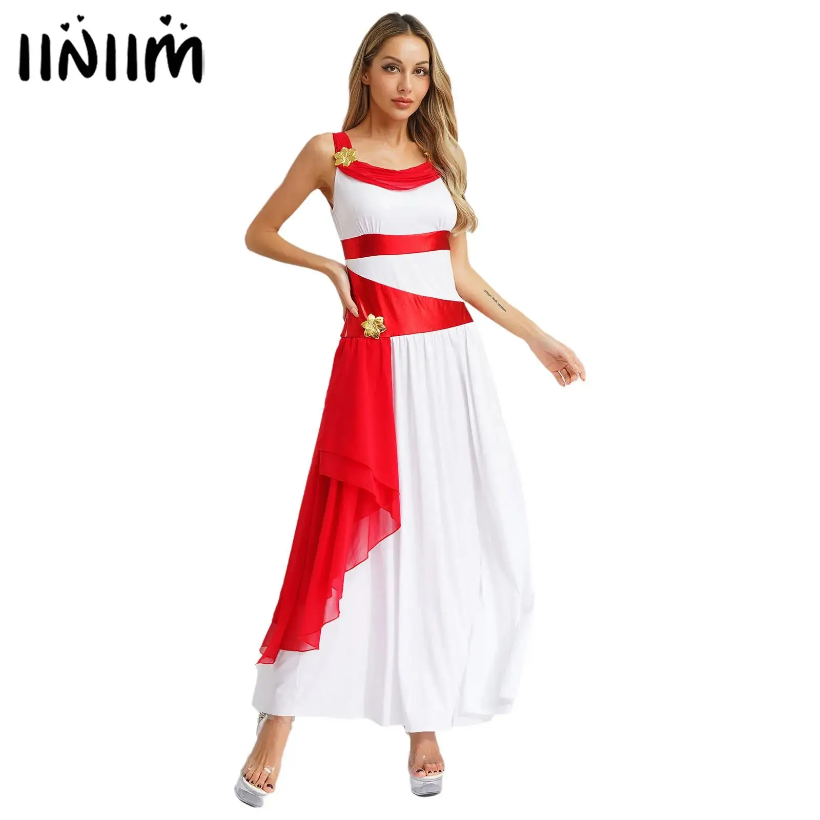 

Womens Ancient Grecian Queen Princess Cosplay Costume Sleeveless Flower Chiffon Dress Halloween Themed Party Role Play Costume