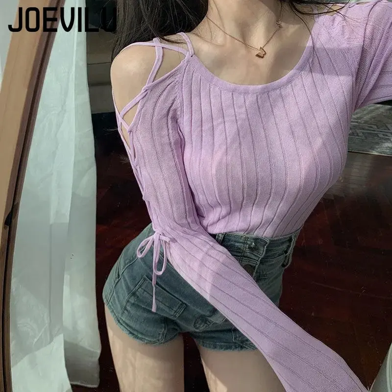 Bandage Long Sleeve Knitted Shirt Women\'s Off Shoulder Sexy Tops Slim Chic T-shirt Spring and Autumn Pullover Solid Y2k Sweater