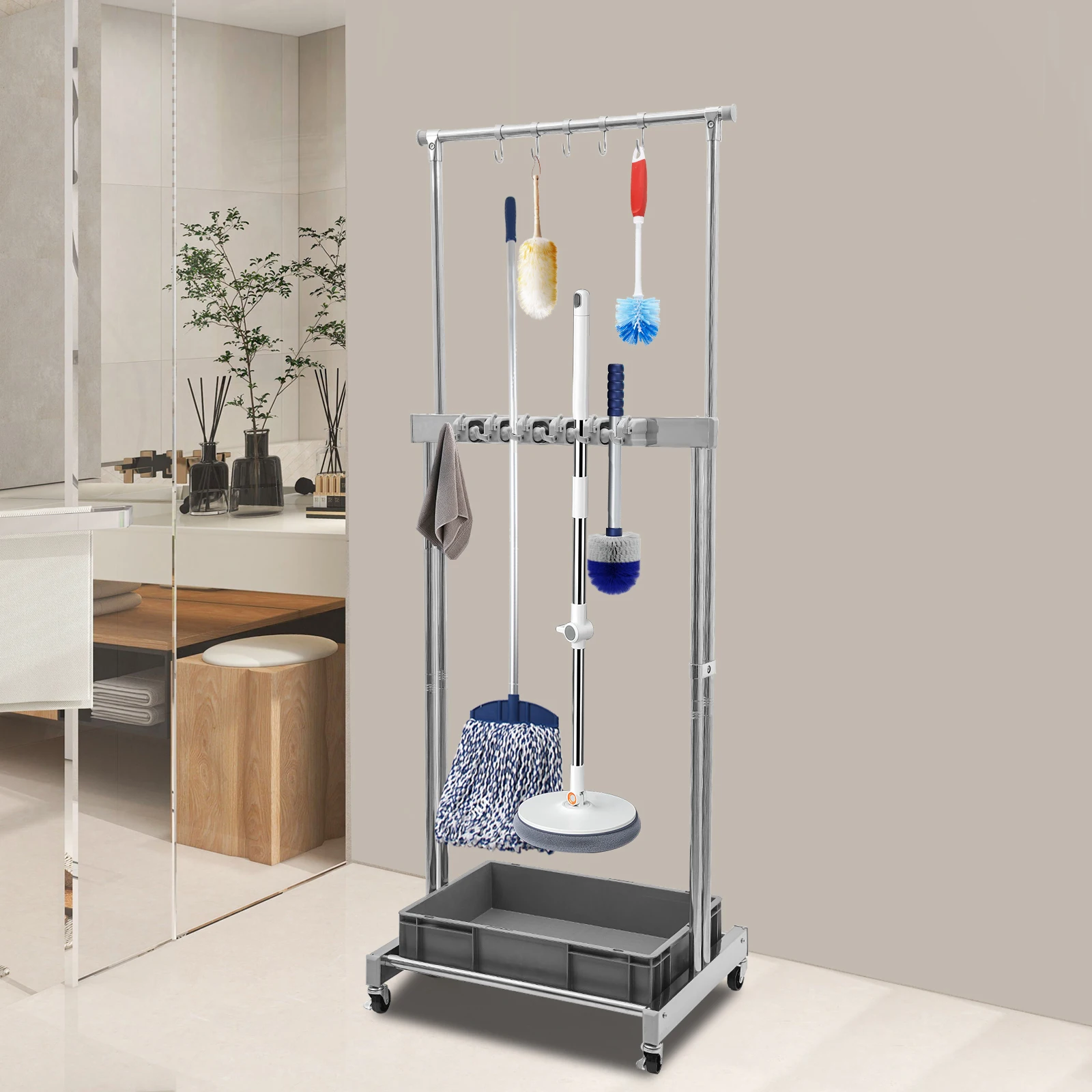 All stainless steel floor mobile mop rack Hanging mop broom double high and low bar cleaning tool storage rack