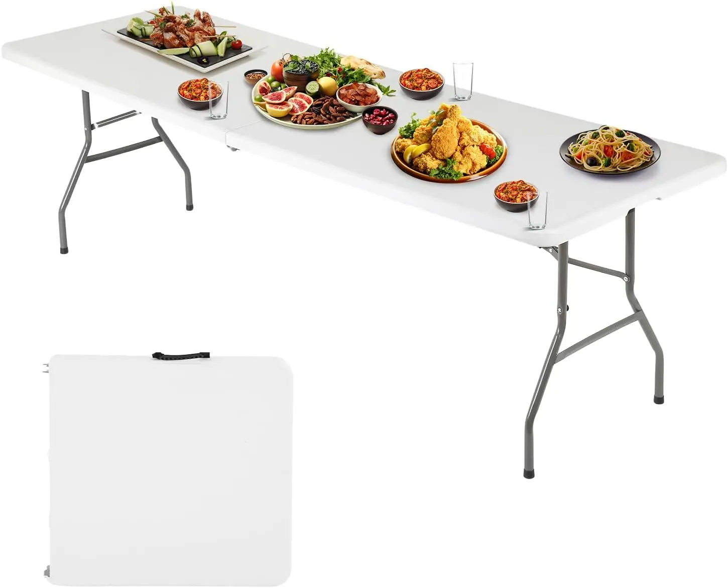 

6FT Folding Table, Portable Fold-in-Half Plastic Picnic Party Table with Carrying Handle （White, 6FT）