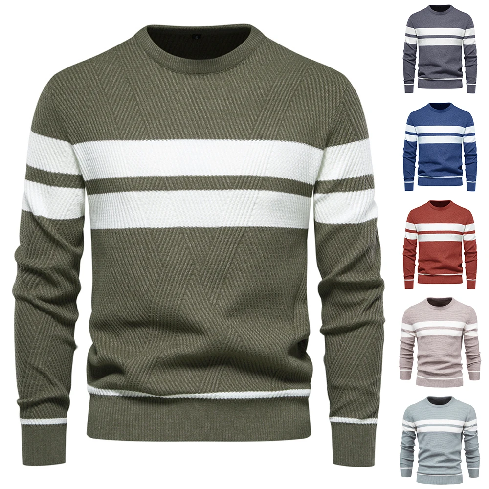 2024 Autumn and Winter Men\'s Casual Striped Men\'s Sweater Pullover Color Blocking Round Neck Men\'s European Size Knitwear