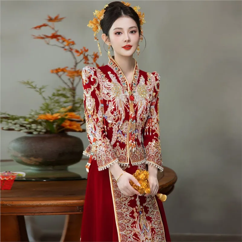 New velvet toasting wedding dress Chinese-style for a ceremony