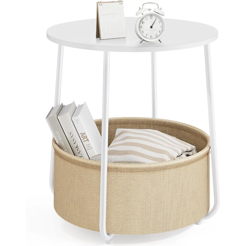 

Small Round Side End Table for Living Room, Modern Nightstand Bedside Table with Fabric Basket for Bedroom Nursery, Side Table