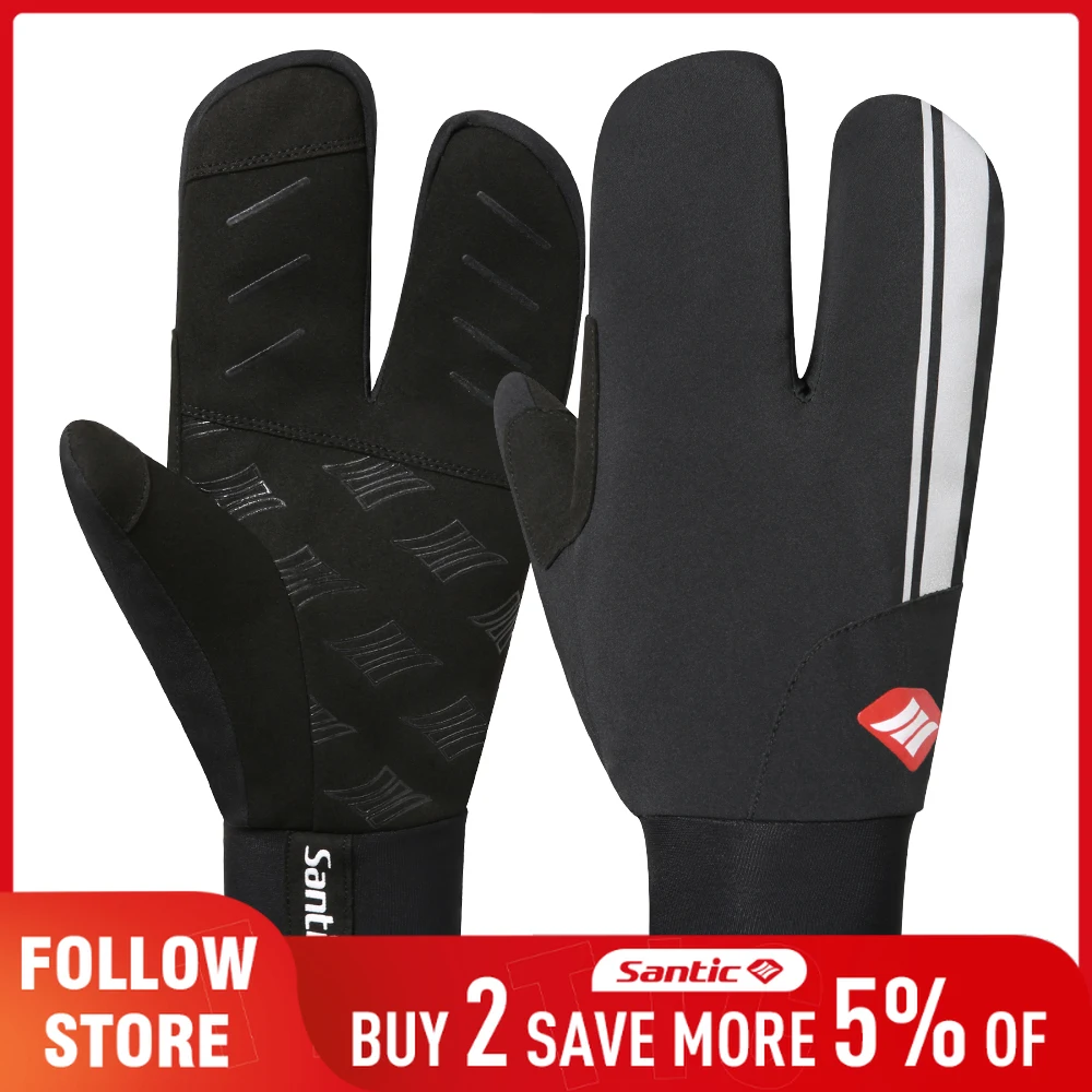 Santic Unisex Winter Cycling Gloves Outdoor Three-Finger Touch Screen Non-slip Sport Gloves Reflective Themal Fleece Biker Glove