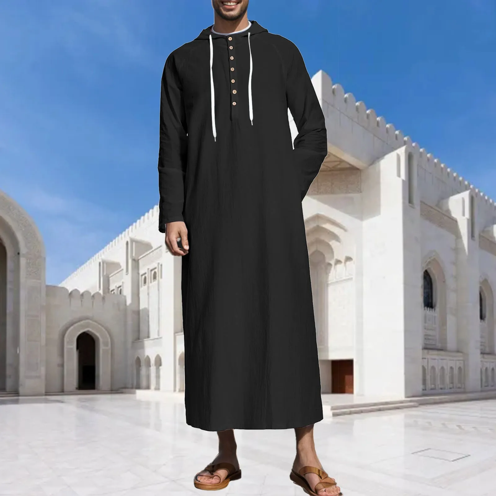 

Mens Muslim Hooded Robe Middle Eastern Islamic Arabic Clothing Vintage Loose Long Sleeve Drawstring Pockets Fashion Male Robe