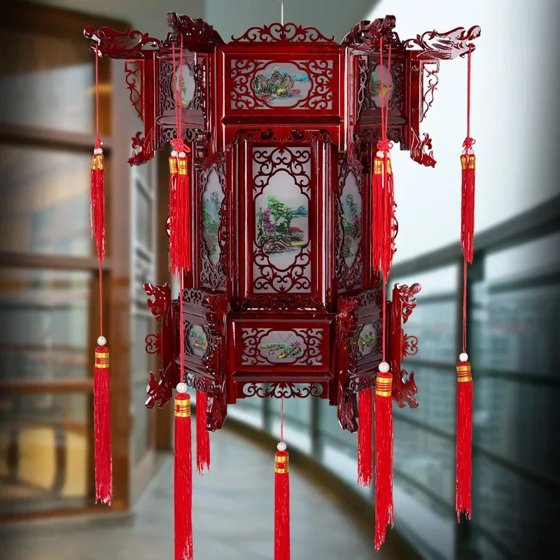 Palace lantern carved wooden lantern Chinese balcony hexagonal red sheepskin housewarming outdoor antique lantern