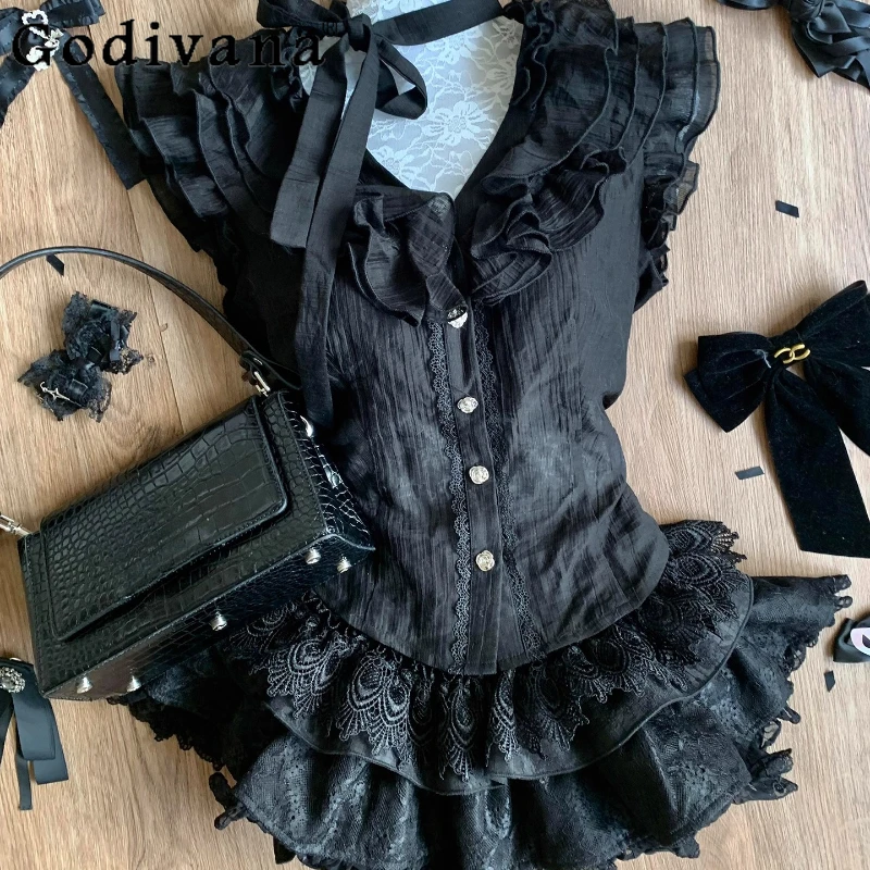 Conjunto de dos piezas para mujer, estilo puro deseo, dulce encaje negro, Top de retazos, falda de pastel hinchada, trajes femeninos de estilo Lolita