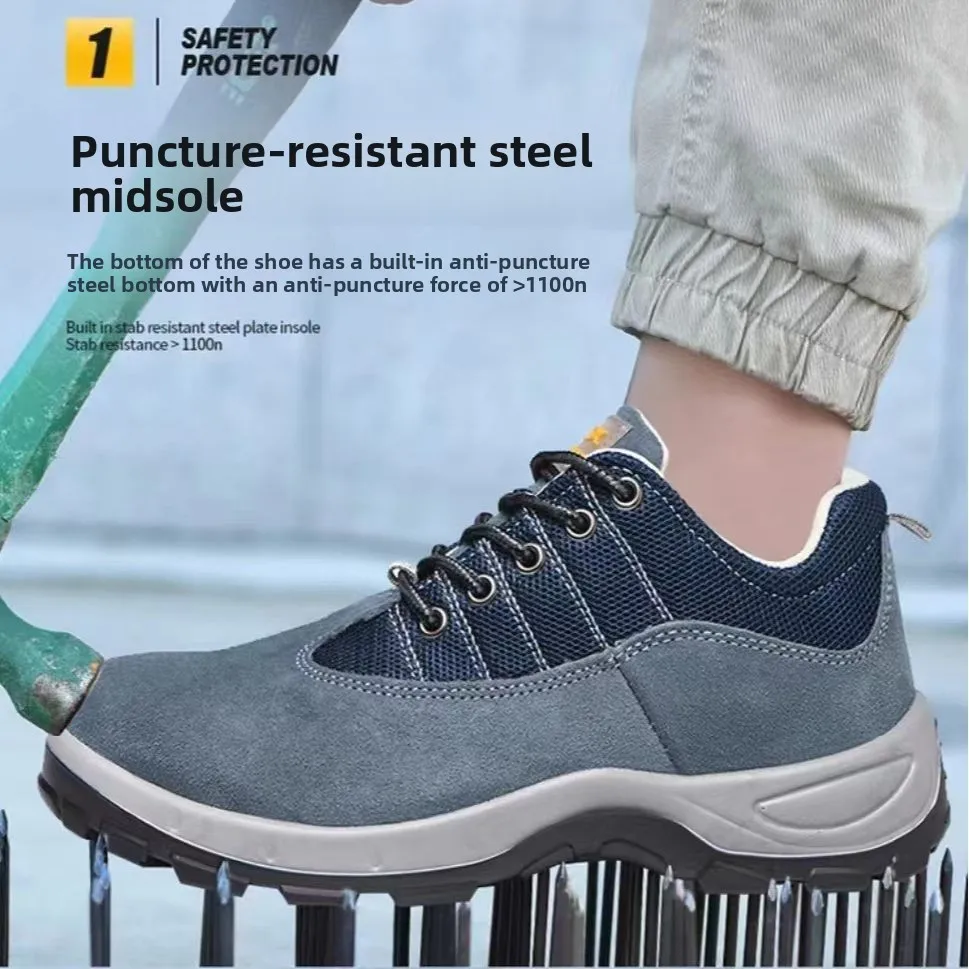 Men's work shoes made of suede, cowhide, breathable blue mesh, solid bottom, anti smashing and anti puncture safety protection s