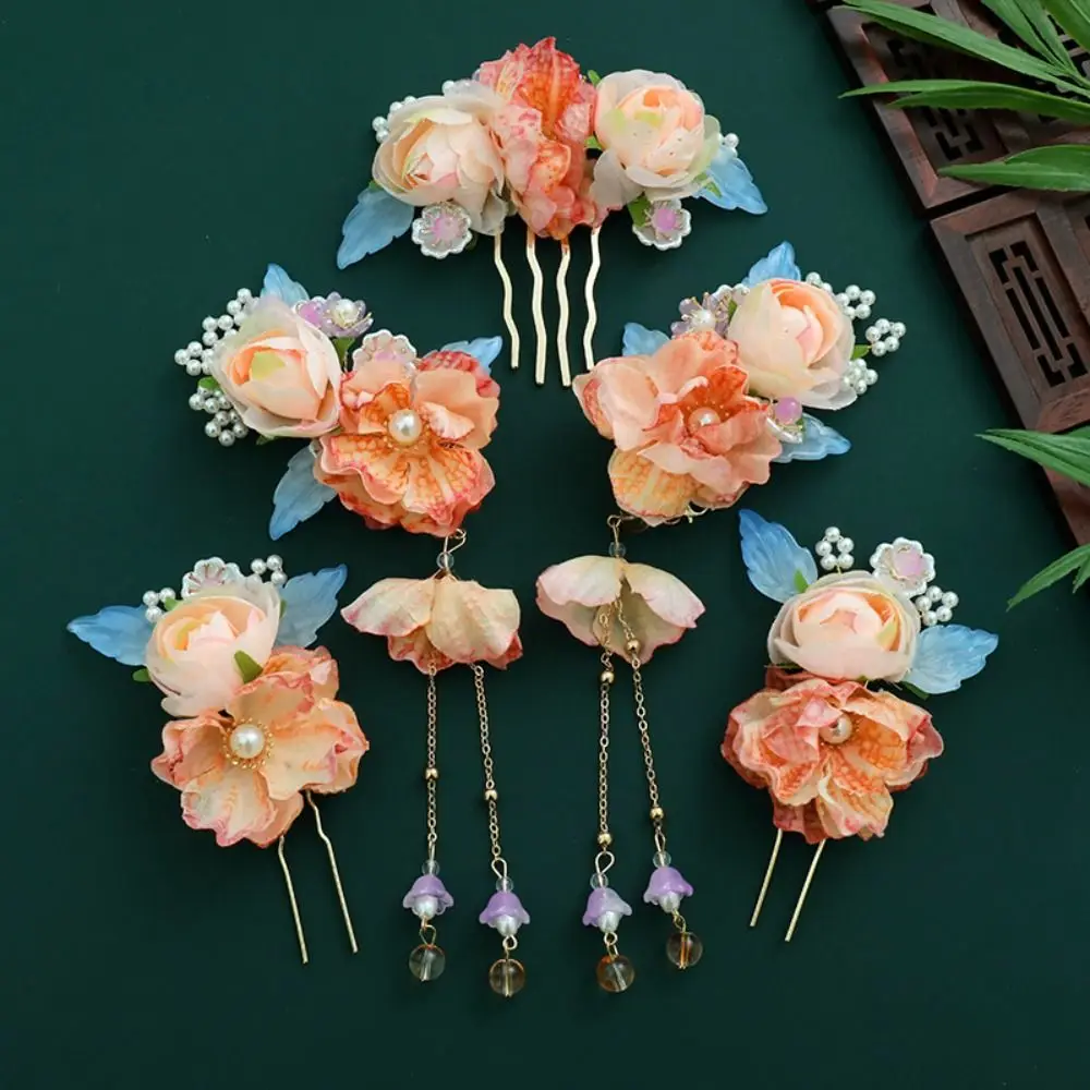 Exquisite Flower Chinese Style Hairpin Set Pearl Earring Hanfu Hair Stick Hanfu Headwear Hair Fork Hairstyle Design Tool