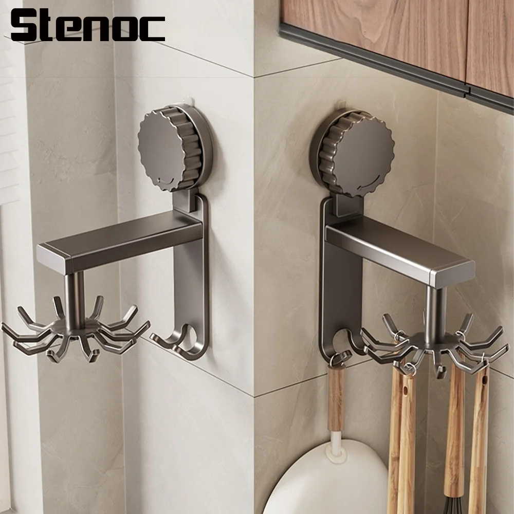 Grey/White 360 Rotating Under Cabinet Hook Kitchen Racks Suction Cup Hooks Wall Mounted Kitchen Tool Holder Spatula Spoon Holder