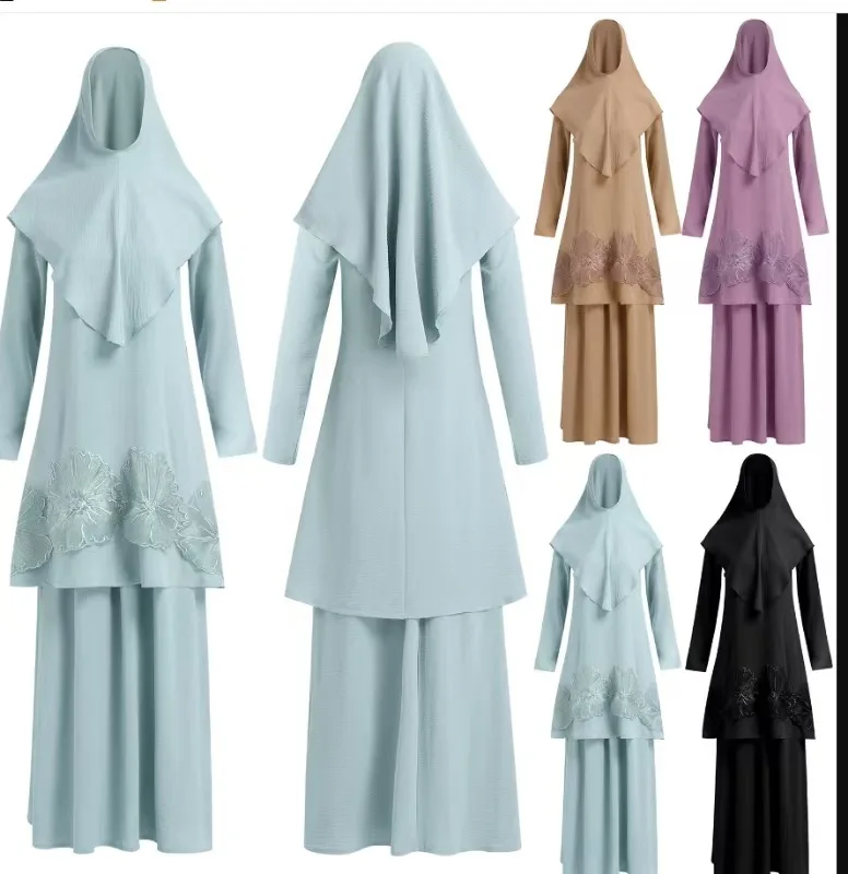 Eid Ramadan Moslim Vrouwen Borduren Maxi Jurk Hijab Tops Rok 3PCS Volledige Cover Gebed Kledingstuk Islam Jalabiya Dubai Abaya sets