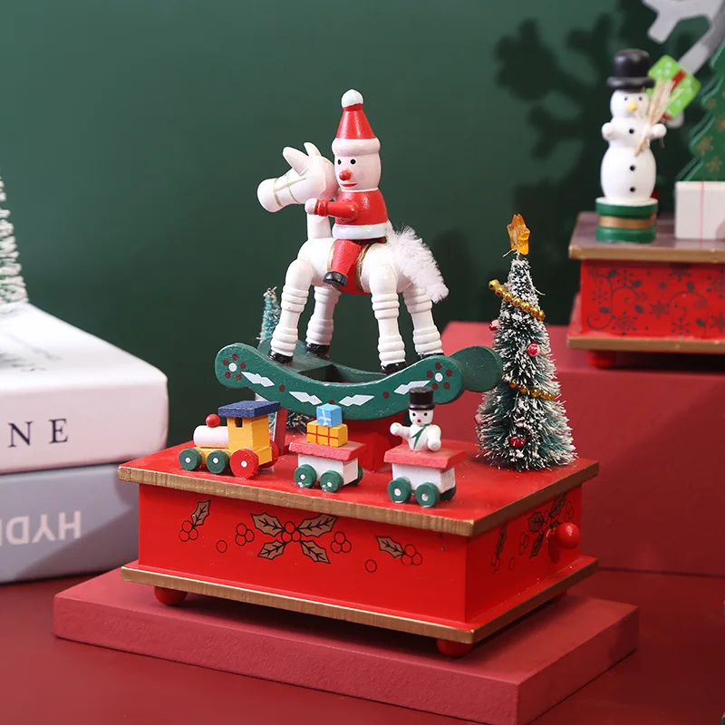 Christmas Decoration Music Box Santa Carousel Wooden Desktop Ornaments Rotating Music Box Christmas Gift Atmosphere Decoration