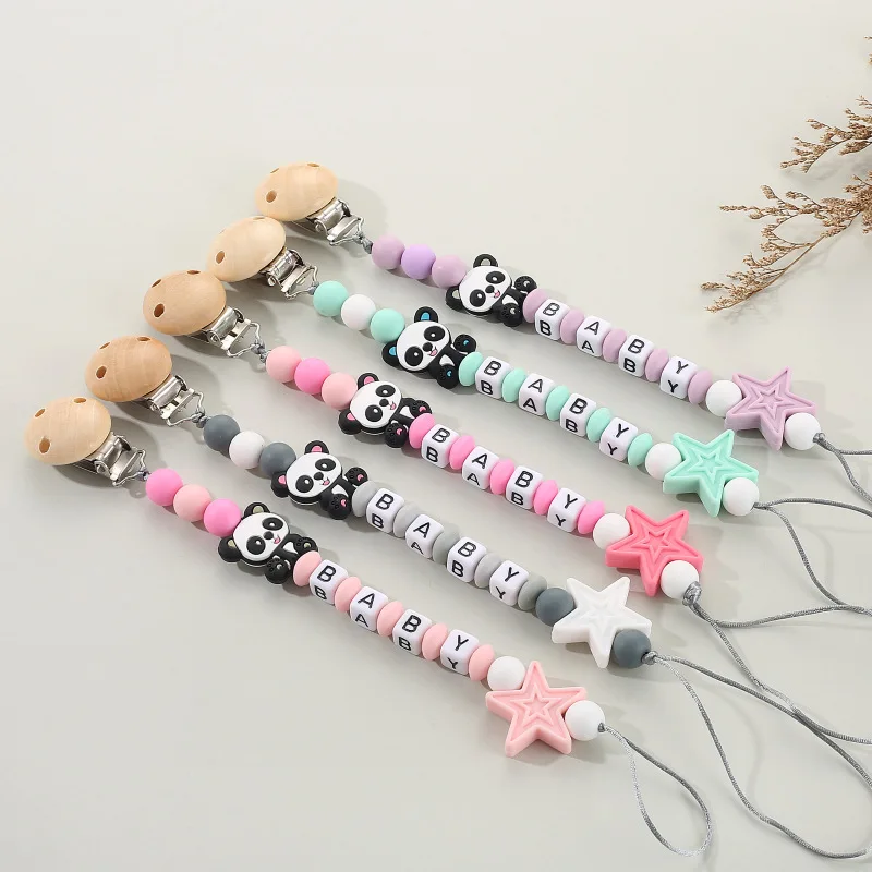 

Baby Pacifier Clips Personalized Name Silicone Panda Cartoon Teething Toys Dummy Nipples Holder Chain Newborn Accessories