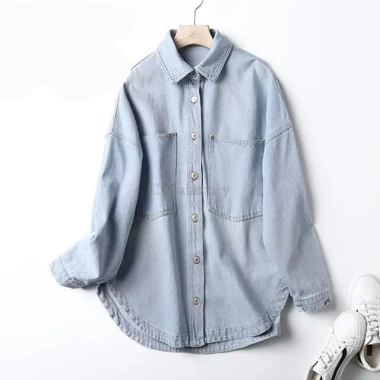 CNlalaxury 2023 Woman Spring Denim Shirt Coat Women Long Sleeve Pocket Cardigan Streetwear Jacket Harajuku Cowboy Outerwear