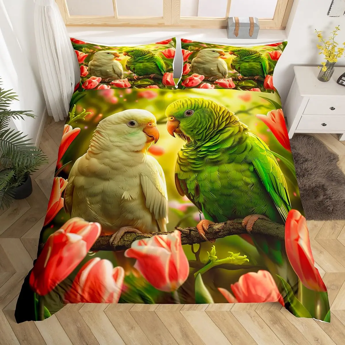 Parrot Duvet Cover Full Size Cute Birds Pattern Bedding Set Pink Tulip Floral Comforter Cover Flower Pastoral Style Quilt Cover