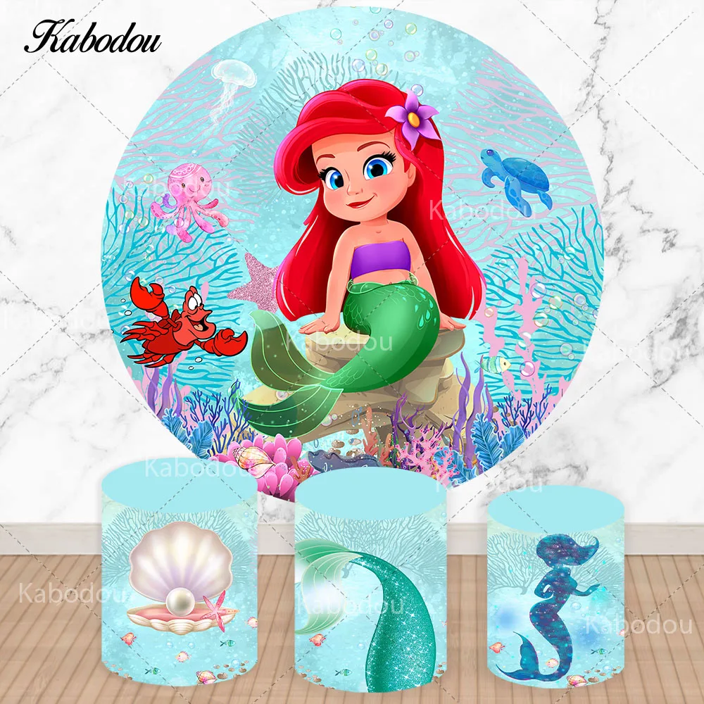 Little Mermaid Round Photo Backdrop Disney Princess Ariel Girls Birthday Circle Photography Background Booth Cylinder Covers