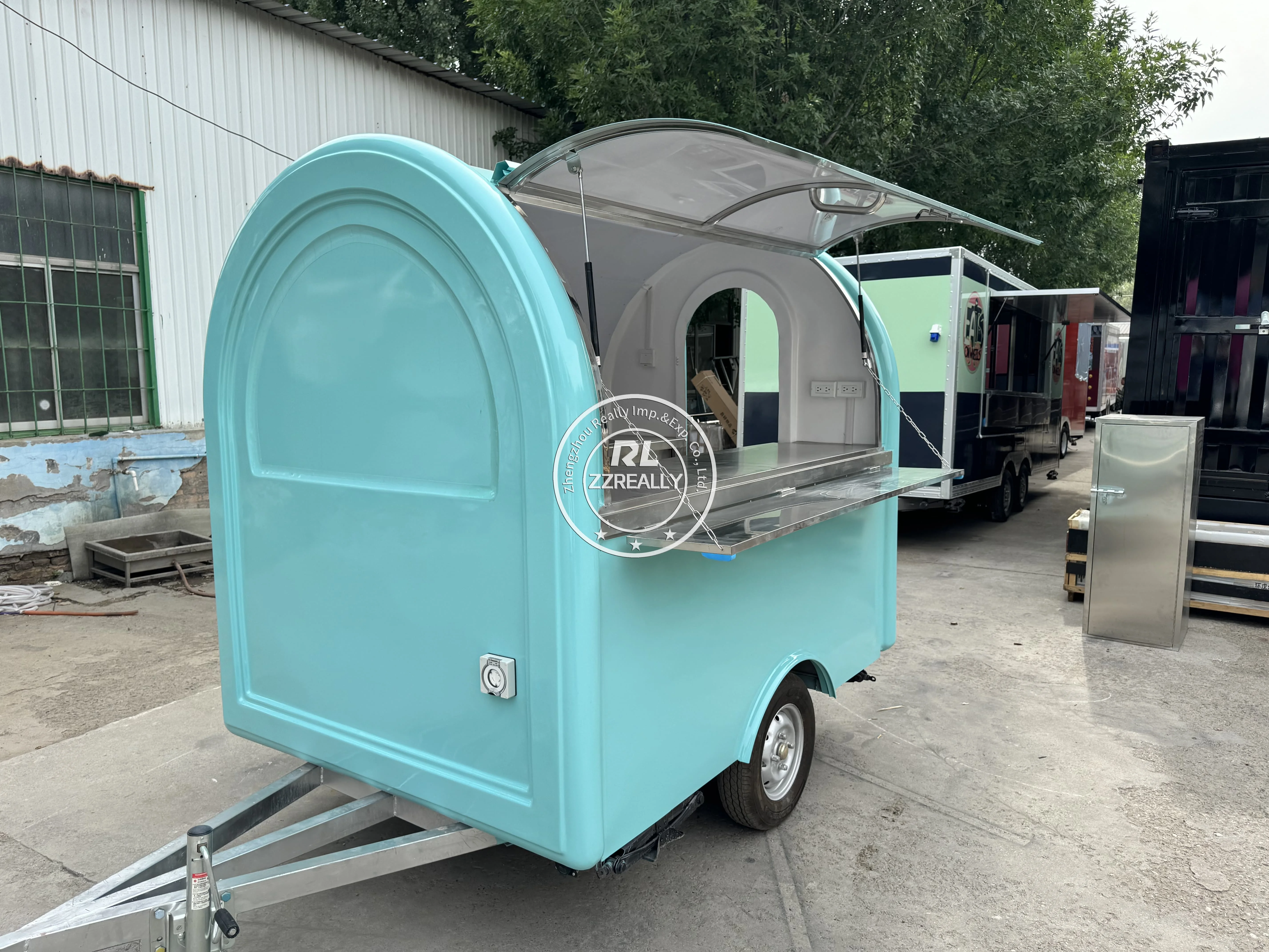 Wózek gastronomiczny o długości 220 cm z maszyną do lodów śnieżnych, mobilny przyczepa gastronomiczna, food truck z akcesoriami do kampera.