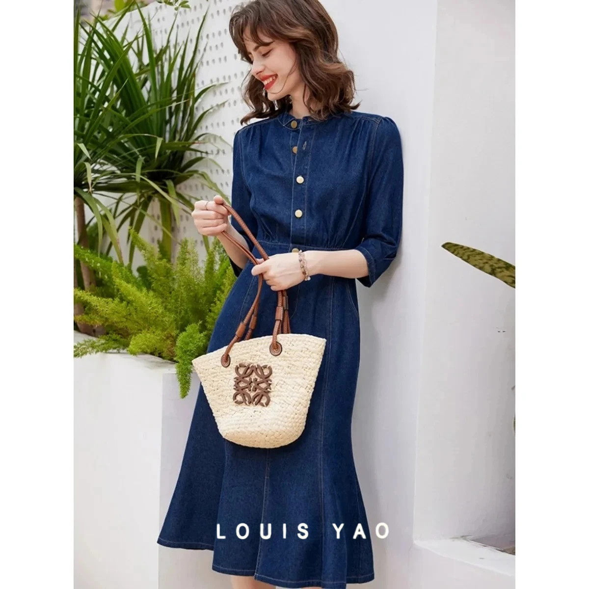 

LOUIS YAO Fishtail Hem A-Line Denim Women's Dress 2025 Spring Vintage Lapel Dress Seven Sleeve Slim Long Street Jeans Dresses