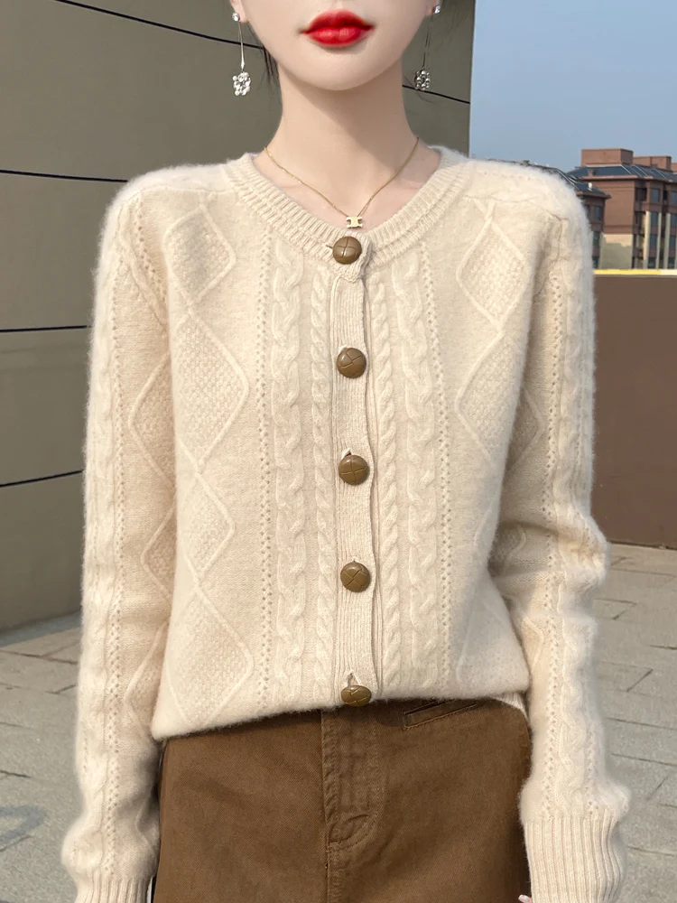 Autumn Winter Women Cable Knit Cardigan Thick Vintage Style Cashmere Sweater 100% Merino Wool Knitwear Korean Fashion Clothing