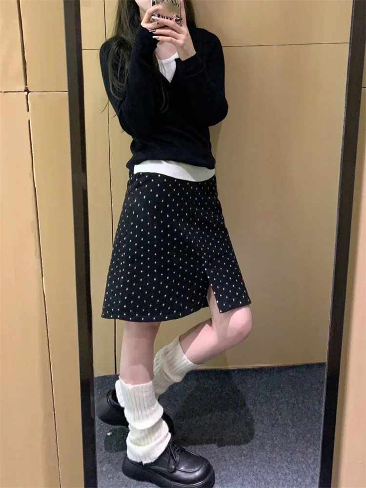 

Черная юбка А-силуэта в горошек с высокой талией и разрезом, женская, больших размеров, весна-лето, модная, для офиса и повседневной носки, короткая юбка