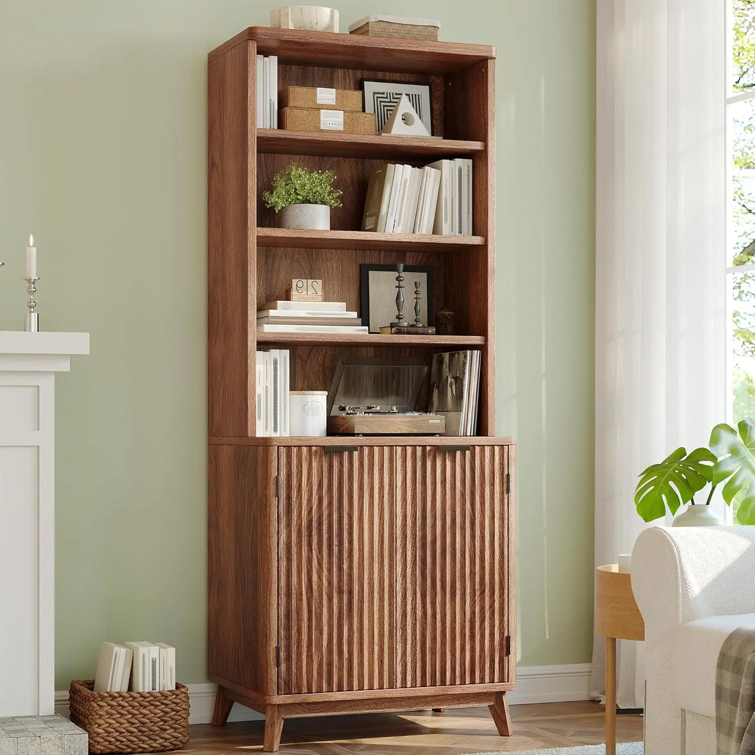 

Tall Bookshelf with Doors, 6-Tier Bookcase with Adjustable Shelves & Storage,Fluted Cabinet Mid-Century Modern Wooden Book Shelf