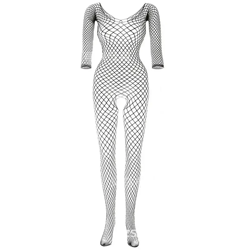 Women Sexy Fishnet Hollow Bodystocking See Through Long Sleeve Babydoll Dress Open Crotch Full Body Lingerie One Piece Babydolls