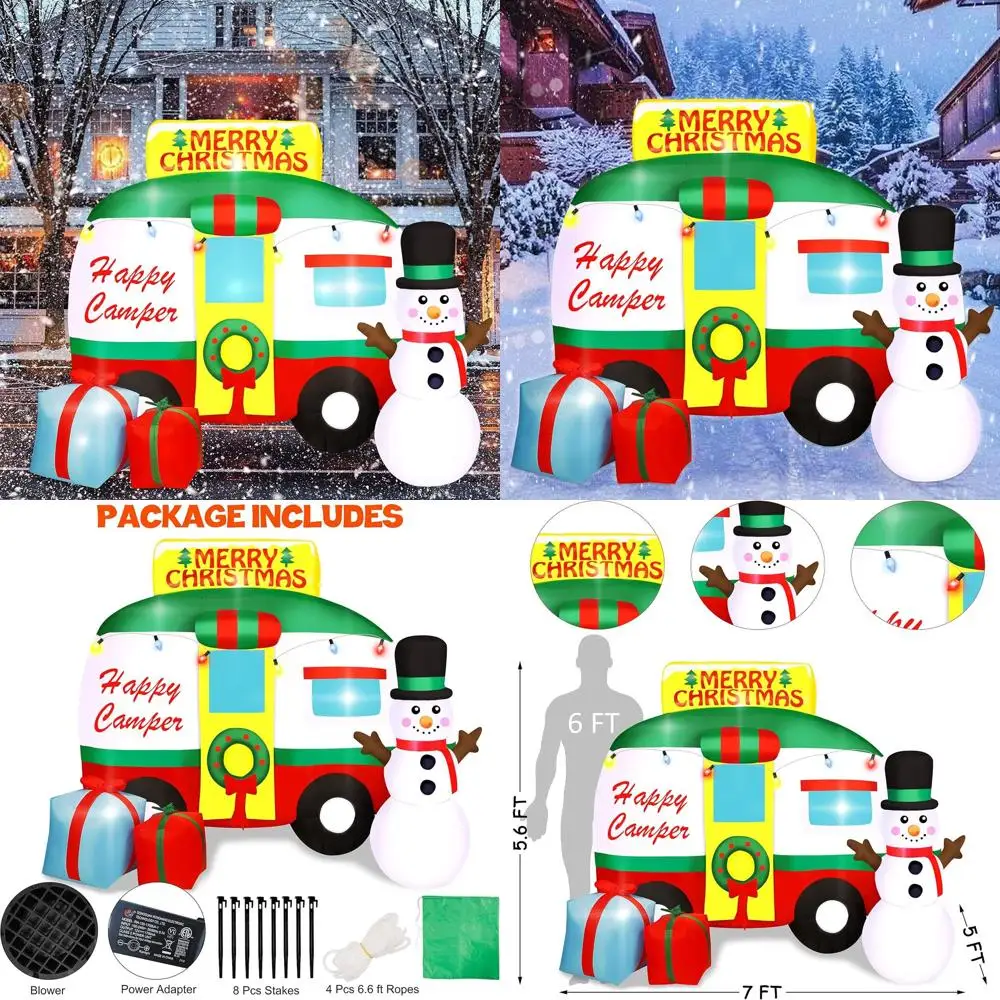 Christmas Inflatable RV with Snowman, Wreath and Gift Boxes, Lighted Outdoor Lawn Decorations