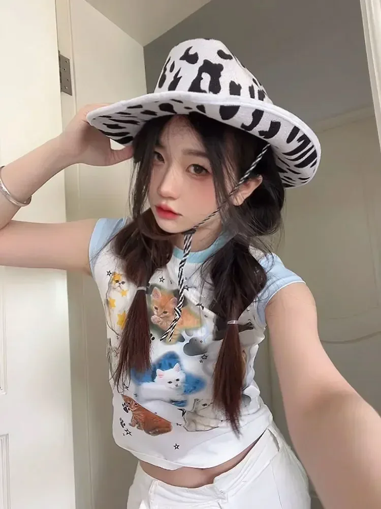 Cat Print T-shirt Babes Round Neck Patchwork Short Sleeve Crop Top Y2k Aesthetics Tops Japanese Kawaii Harajuku Shirts