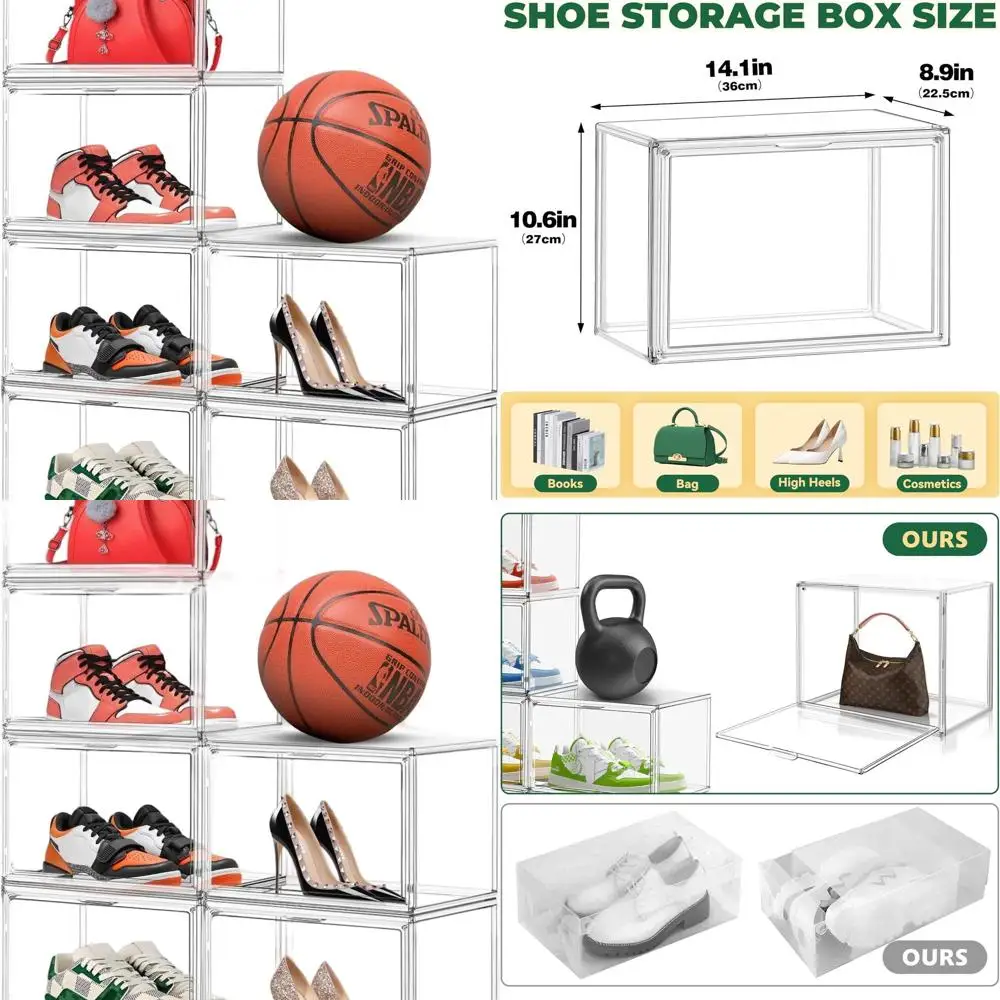 

Clear Stackable Plastic Shoe Boxes for X-Large Sneakers, US Size 14, with Magnetic Door and Easy Assembly