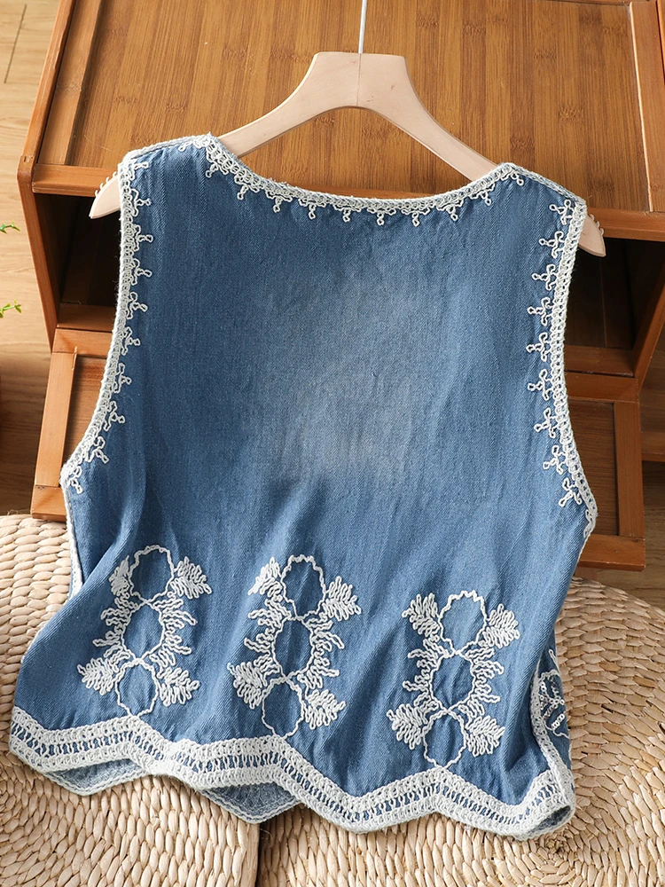 Korean Style Artistic Retro Embroidered Sequin V-Neck Denim Vest Women's Summer Fashion Slimming Jacket Shoulder Pad