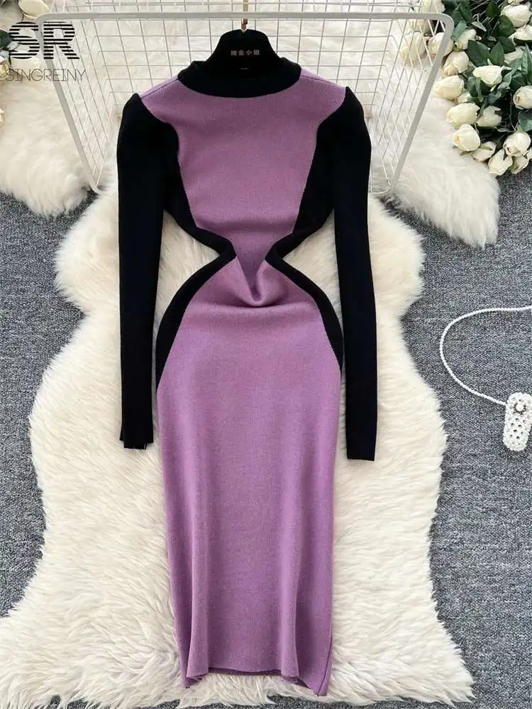 BabYoung الشتاء كتلة اللون محبوك فستان المرأة عادية س الرقبة طويلة الأكمام مطاطا موضة الخريف السيدات فساتين سترة شتاء