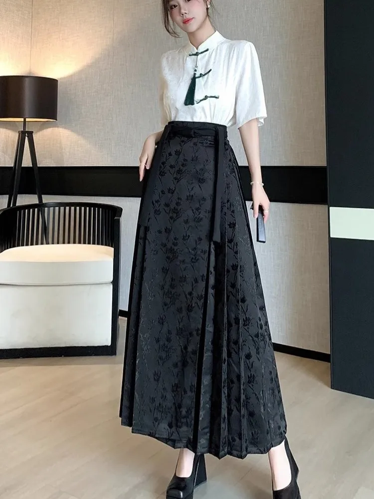 New Chinese Style Women High Waist Pleated Skirt Vintage Design Lace Up Solid Color A-Line Long Skirts Elegant Lady Casual Skirt