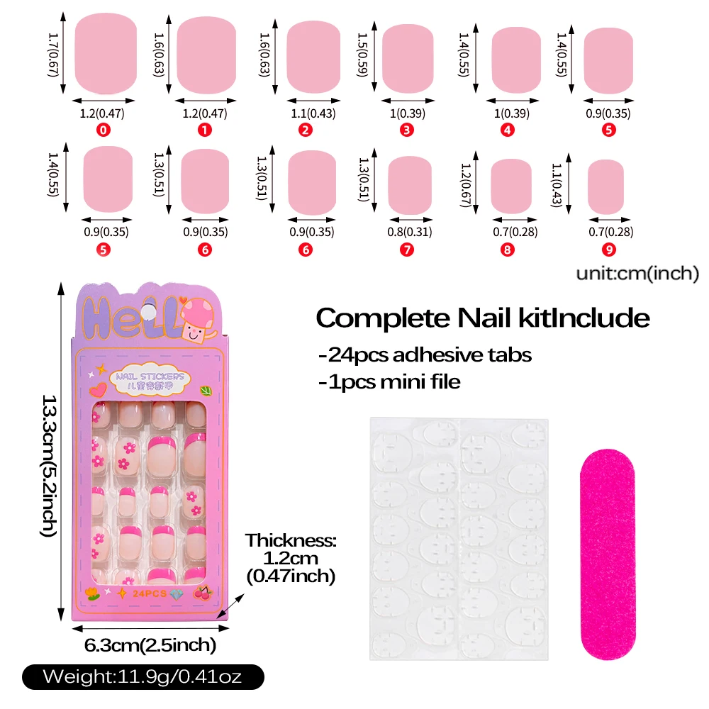 24 Stück/Box Cartoon Kinder Aufklebenägel Schwarze Blumen Französische Spitzen Künstliche Nägel Vollständige Abdeckung Falsche Nägel für Kinder Tägliches und Festtags-Tragen – Detail 1