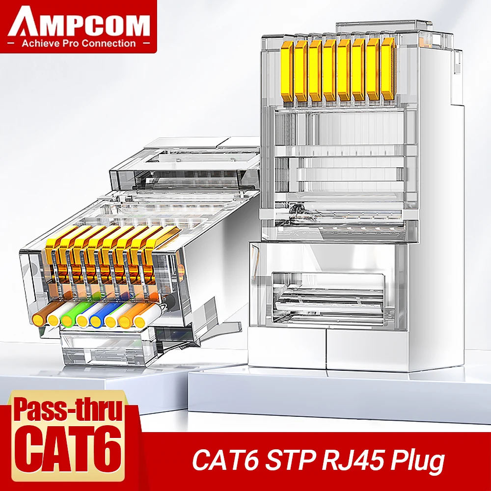 AMPCOM Pass Through STP RJ45 Connectors, CAT6 CAT5E Shielded 3/50μ Gold-Plated 8P8C Modular Plugs Crimp End for Ethernet Cable