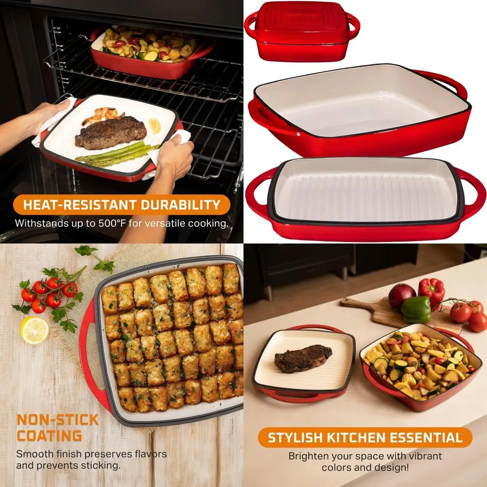 

Red Dual-Handled Cast Iron Dutch Oven with Enameled Baking Pan and Griddle Lid for Baking, Bacon, Steaks