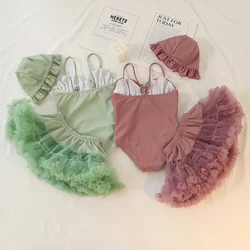 Baby Girls Swimsuit Set Toddler 2PCS Bathing Suits Halter Crop Top+Bikini Skirt+Hat Kids Sunsuit 18M-8Y Clothing Solid Color